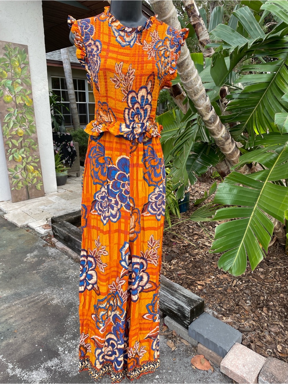 anthropologie, farm Rio plaid and floral jumpsuit